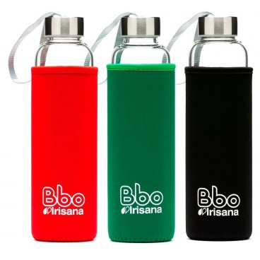 Botella reutilizable Bbo Irisana, de borosilicato con funda de neopreno, 500 ml.