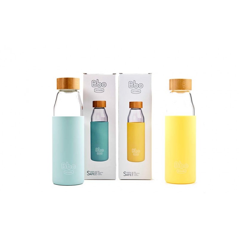 Botella de vidrio borosilicato Bbo Irisana con tapón de bambú. 500 ml.