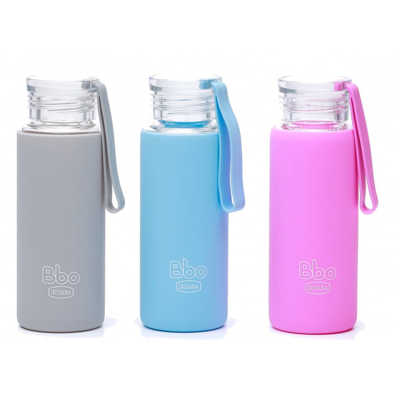 Botella Bbo Irisana de vidrio de borosilicato con funda de silicona. 330 ml.